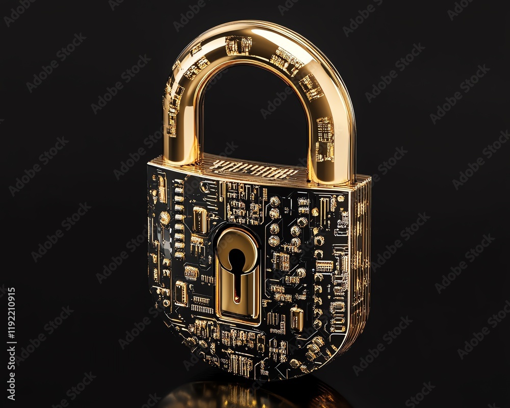 Fototapete golden padlock with advanced electronic circuits, digital password security design, ensuring fraud p