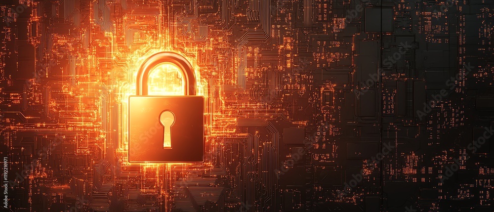 Poster golden padlock with digital circuits, representing secure password technology, preventing fraud, saf