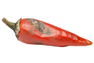 Bright red chili pepper resting on a plain surface with slight blemishes and a tapered end