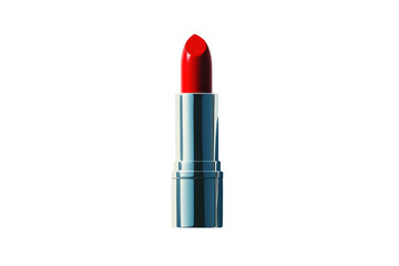 Fototapeta premium Bright red lipstick in silver casing displayed against a clean background ready for use in a makeup routine