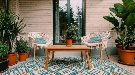 Fototapeta premium Patio furniture seating and minimal, A cozy patio setting featuring two chairs, a wooden table, and lush plants, creating a tranquil outdoor space.