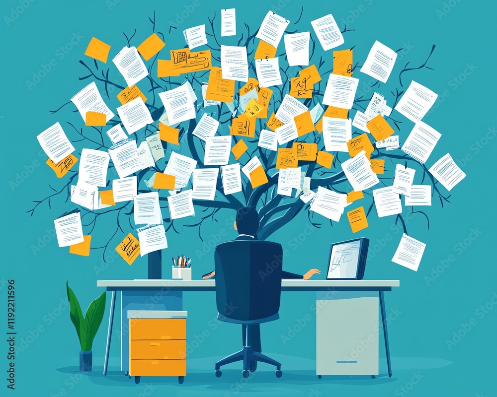 Fototapete Messy organization with tangled decision tree, chaotic business management, complex and convoluted processes, illustrating inefficiency and confusion in workplace dynamics