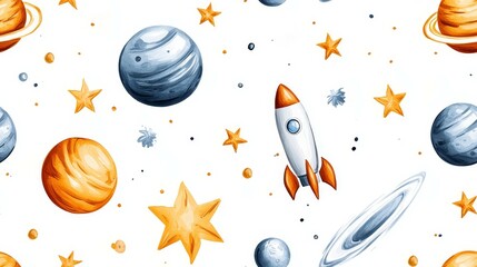 cute rocket and space seamless concept. Colorful space-themed illustration featuring planets, stars, and a rocket.