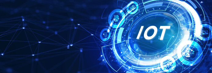 Internet of things - IOT concept. Businessman offer IOT products and solutions. The future of technology. Virtual screen of the future with the inscription: IOT. 3d illustration