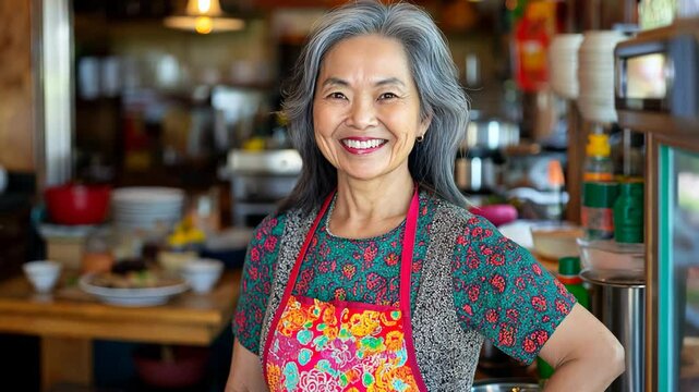 smiling old Asian woman at her local restaurant ketchen