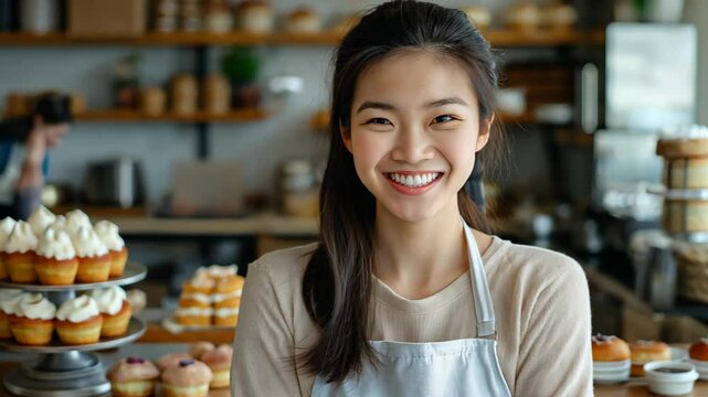 smiling young Asian woman at her bakery shop full of Various type of cake, entrepreneur and sme concept

