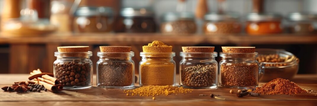 A collection of organic spices in glass jars and rustic bowls, scattered across a wooden table. a sprinkling spices over a dish. Include cinnamon sticks, star anise, turmeric, paprika, and dried herb.