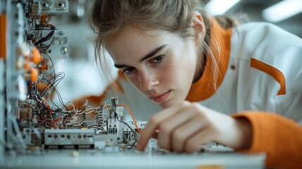 Portrait of a skilled technician meticulously troubleshooting and mending the intricate wiring inside a malfunctioning appliance