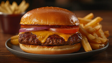 Delicious cheeseburger with fries served on a plate at a casual dining restaurant