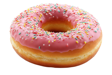 Delicious pink frosted donut topped with colorful sprinkles ready for dessert time