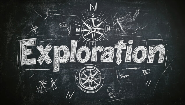 A hand-drawn illustration of the word 'Exploration' on a blackboard with compass symbols, expressing adventure and discovery in a classroom setting.