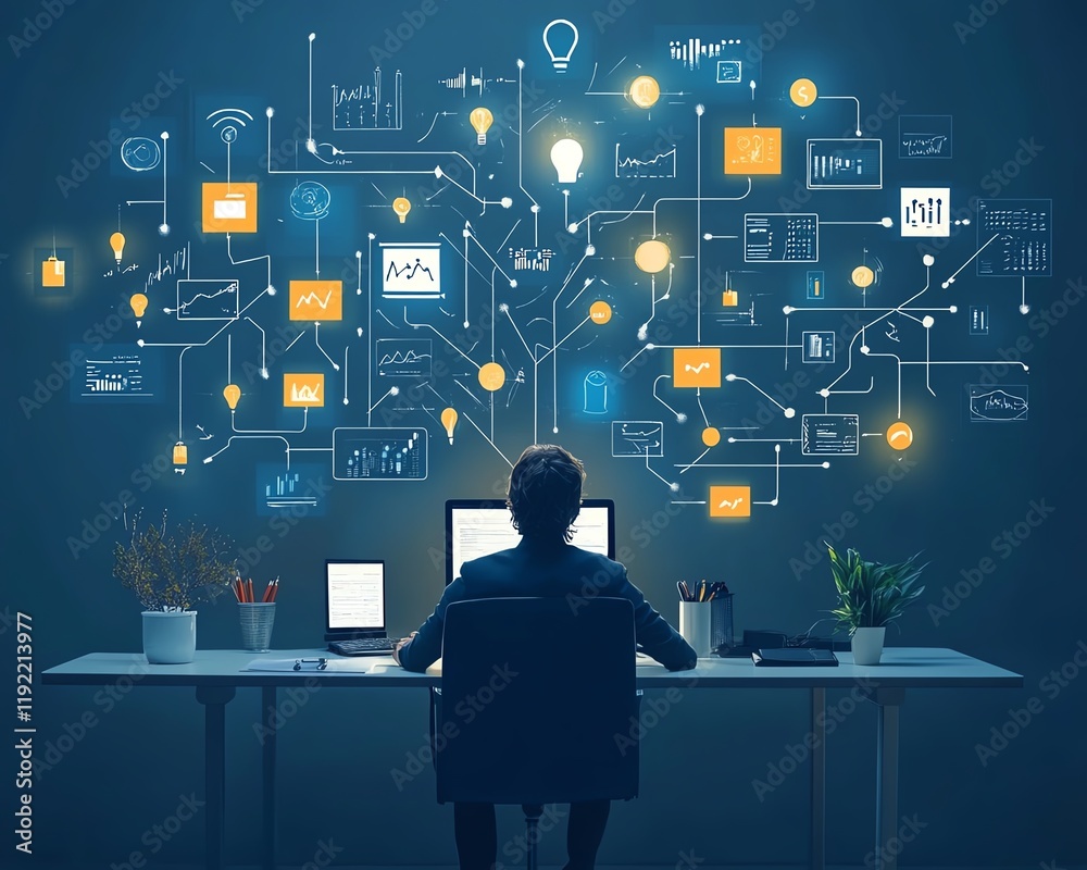 Aufkleber chaotic business process with complex, messy management, tangled decision tree, overwhelming workloa