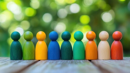 Vividly colored wooden employee figures aligned in a line, complemented by a lush natural green bokeh background symbolizing growth and unity