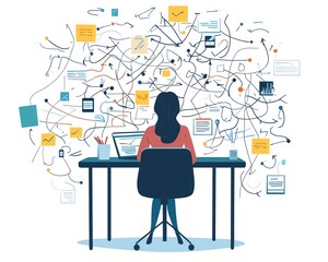 Chaotic business process with complex, messy management, tangled decision tree, overwhelming workload, visualizing disorganization and confusion in a corporate environment