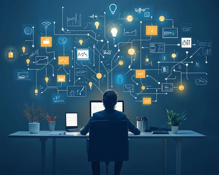 Chaotic business process with complex, messy management, tangled decision tree, overwhelming workload, visualizing disorganization and confusion in a corporate environment