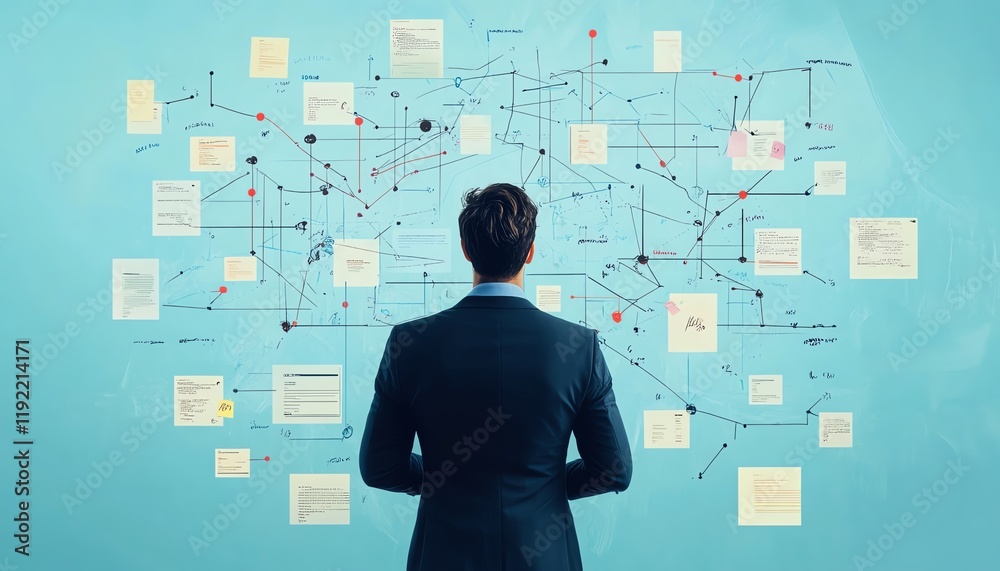 Aufkleber complicated and chaotic management process, disorganized decision tree, messy business workflow, ill