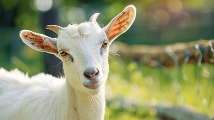 Fototapeta premium Kid goat pasture portrait, sunny farm background