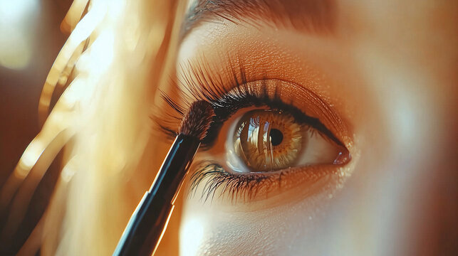 Close-up view of an eye being accentuated with precise black eyeliner application, highlighting professional makeup techniques and elegant beauty.
