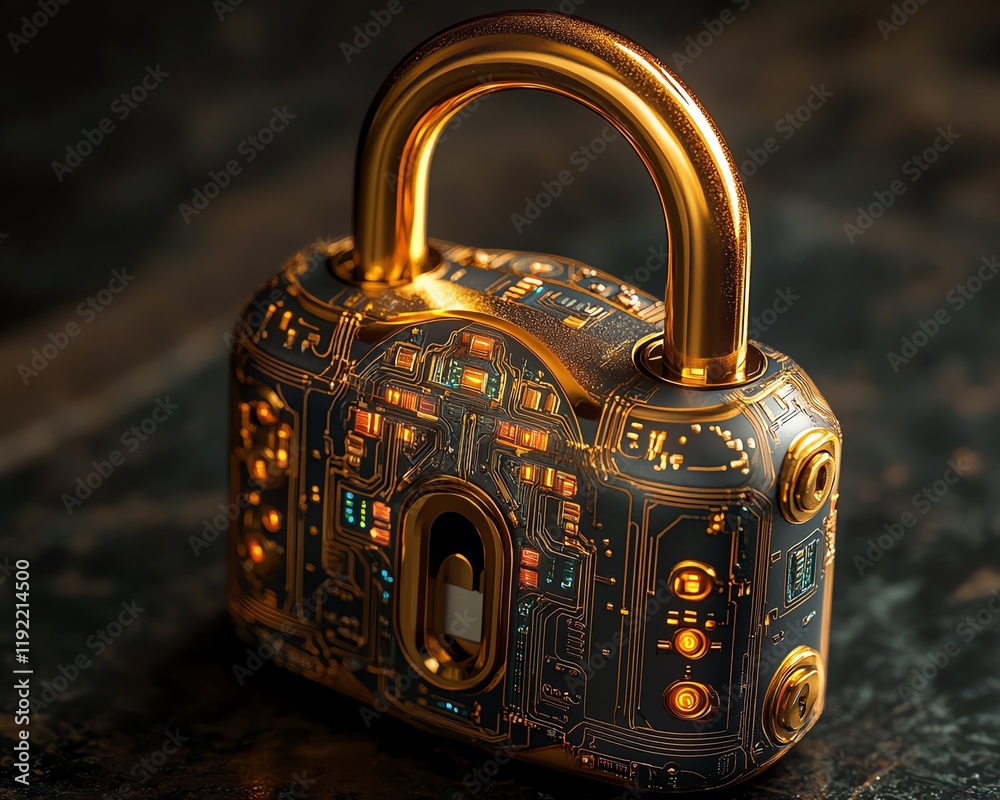 Aufkleber futuristic golden padlock with integrated electronic circuits, symbolizing password security technol