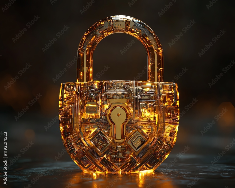 Aufkleber futuristic golden padlock with integrated electronic circuits, symbolizing password security technol