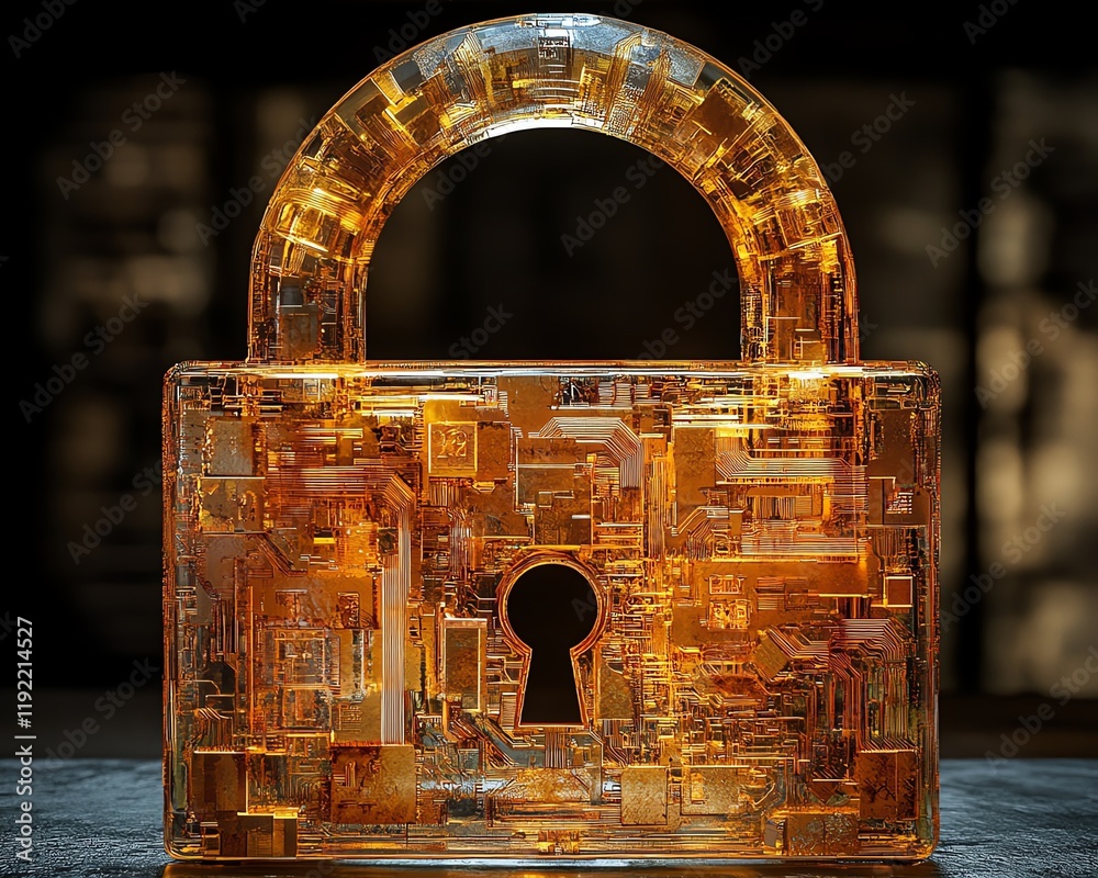 Poster futuristic golden padlock with integrated electronic circuits, symbolizing password security technol