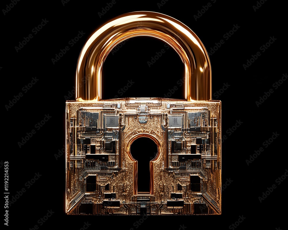 Fototapete Futuristic golden padlock with integrated electronic circuits, symbolizing password security technology, fraud prevention, and safeguarding confidential data in a digital network