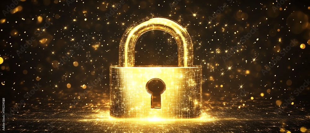 Poster Golden padlock with advanced electronic circuits, digital password security design, ensuring fraud prevention and confidential data protection in a secure network
