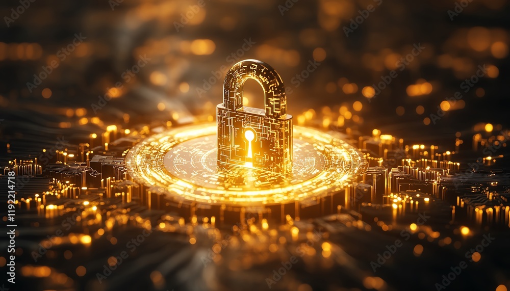 Poster golden padlock with digital circuits, representing secure password technology, preventing fraud, saf