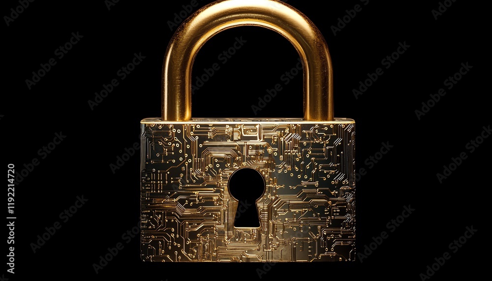 Poster golden padlock with digital circuits, representing secure password technology, preventing fraud, saf