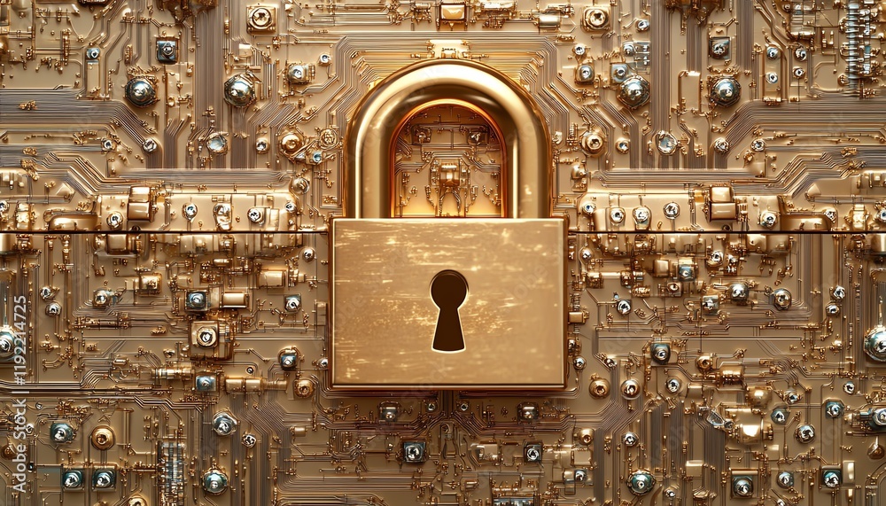 Poster Golden padlock with digital circuits, representing secure password technology, preventing fraud, safeguarding confidential data, and protecting the network environment