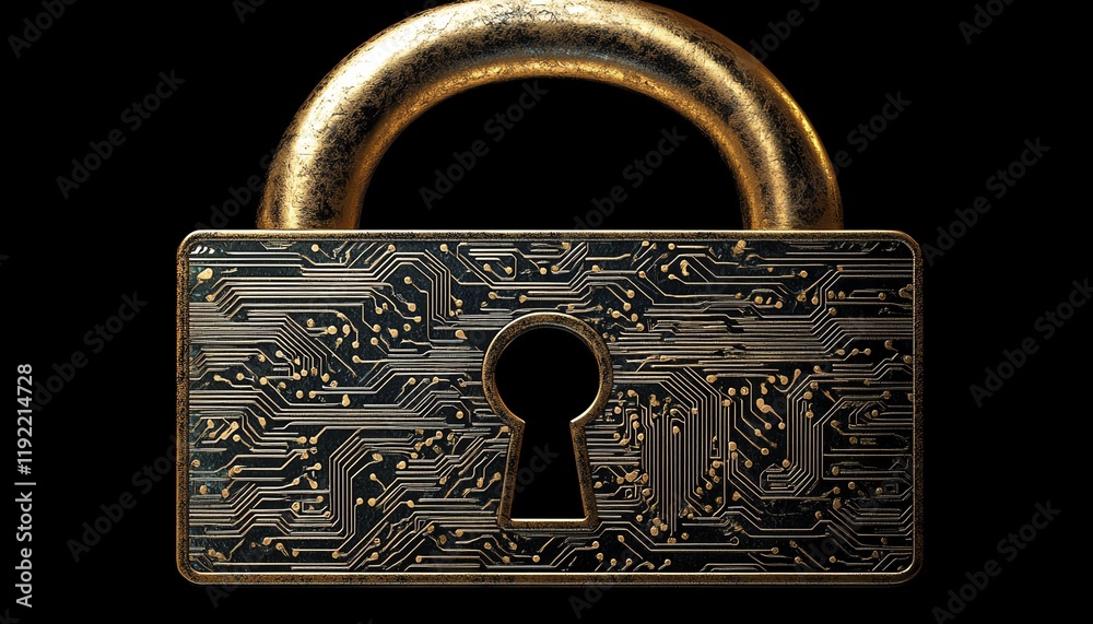Poster golden padlock with digital circuits, representing secure password technology, preventing fraud, saf
