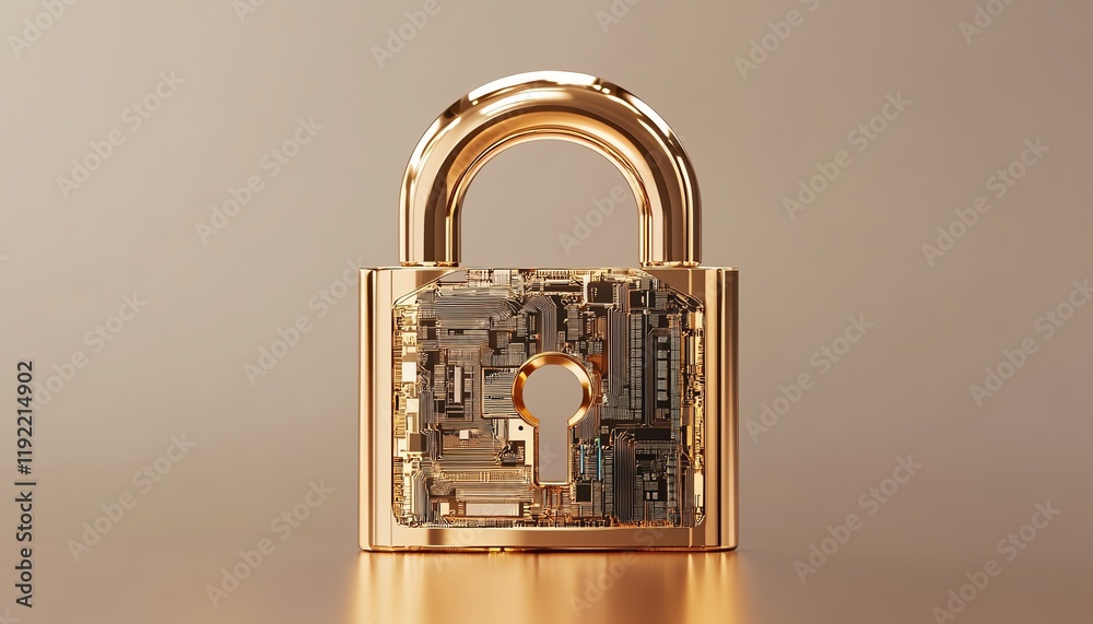 Poster Golden padlock with integrated electronic circuits, futuristic password security technology, protecting confidential data in a secure network, fraud prevention design
