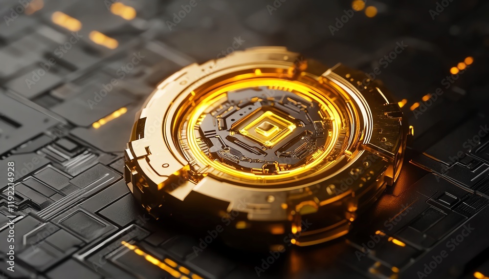 Poster golden padlock with integrated electronic circuits, futuristic password security technology, protect