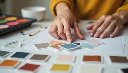 Women sorting color samples while creating a mood board, creative workspace