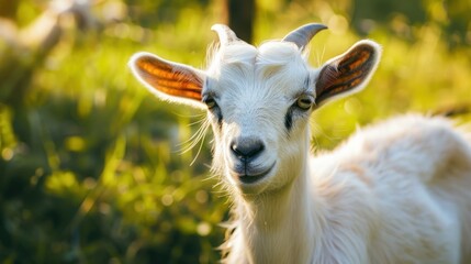Obraz premium Kid goat portrait, pasture, sunset, farm, agriculture