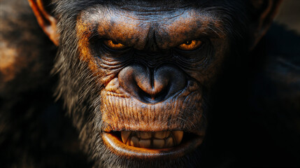 Expression of malevolence captured in a close-up of an ape with intense eyes and a fierce demeanor