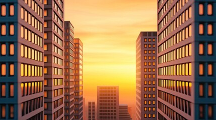 Minimal symmetry concept. Stunning sunset view between modern skyscrapers showcasing urban architecture.