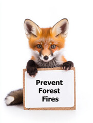 Obraz premium Fox Cub Plea: Prevent Forest Fires - Adorable fox cub holding a sign urging prevention of forest fires. Symbolizes wildlife protection, environmental conservation, fire safety, responsibility, and th