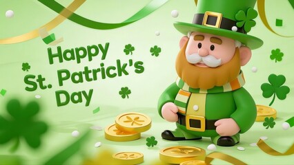 St. Patrick's Day C4D 3D Rendered Clay Grandpa with Green Hat, Scarf, Clothes, Shamrocks, and Coins on a Solid Background with "Happy St. Patrick's Day" Ribbon