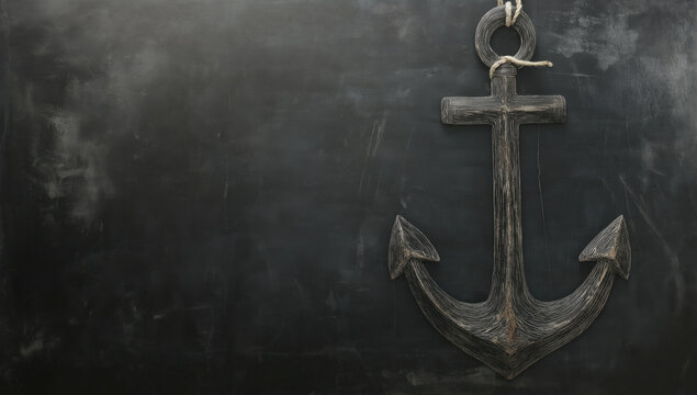 Artistic representation of a nautical anchor on a dark blackboard background conveying themes of stability and maritime tradition