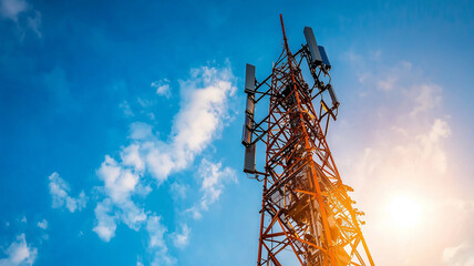 Telecommunication mast in the field during sunset	
