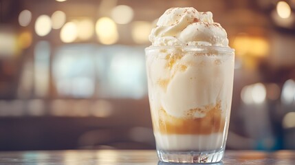 Creamy ice cream float in a frosted glass with a caramel swirl background.