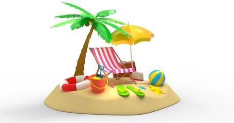 Beach Paradise with Palm Tree and Summer Accessories, travel concept, 3d rendering.