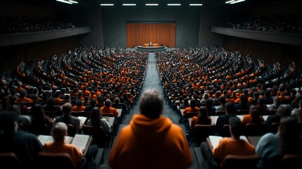 University Lecture Hall with Intently Focused Students and Professor Transmitting Knowledge