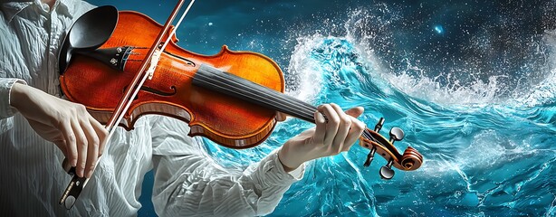 Fototapeta premium Musician Playing Violin with Waves and Cosmic Background Effect