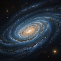 A distant galaxy with swirling blue and gold patterns.

