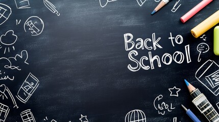 Chalkboard Back to School Wallpaper - Old-fashioned chalkboard background with "Back to School" message, colorful pencils, crayons, and playful hand-drawn doodles. Symbolizing education, learning, cre