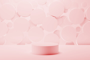 Light pink round podium on abstract stage mockup, flying circles decor. Template 3D illustration contemporary scene for presentation cosmetic products, goods, advertising, black friday, branding.