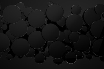 New year black abstract background with flying glossy plastic circles as pattern, top view. 3D illustration rounded texture in modern, luxury, perfect, geometric style for sale, advertising, design.