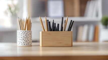 Two containers holding pencils and pens on a wooden desk.